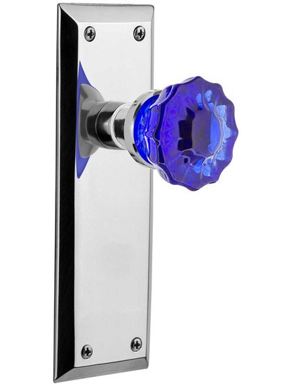 New York Door Set with Colored Fluted Crystal Glass Knobs Cobalt Blue in Polished Chrome.